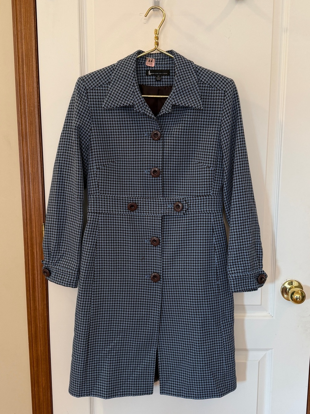 Larry Levine 8P Chic Blue/Black Houndstooth Retro Vibes Trench Coat